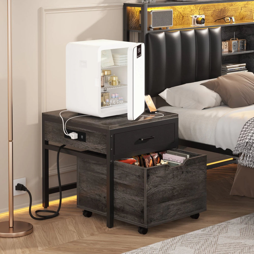 Modern Farmhouse Nightstand with Charging Station, Living Room End Table with Rolling Cabinet