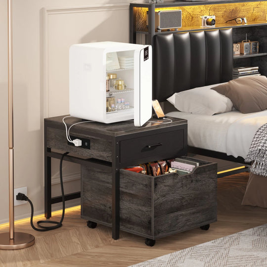 Modern Farmhouse Nightstand with Charging Station, Living Room End Table with Rolling Cabinet