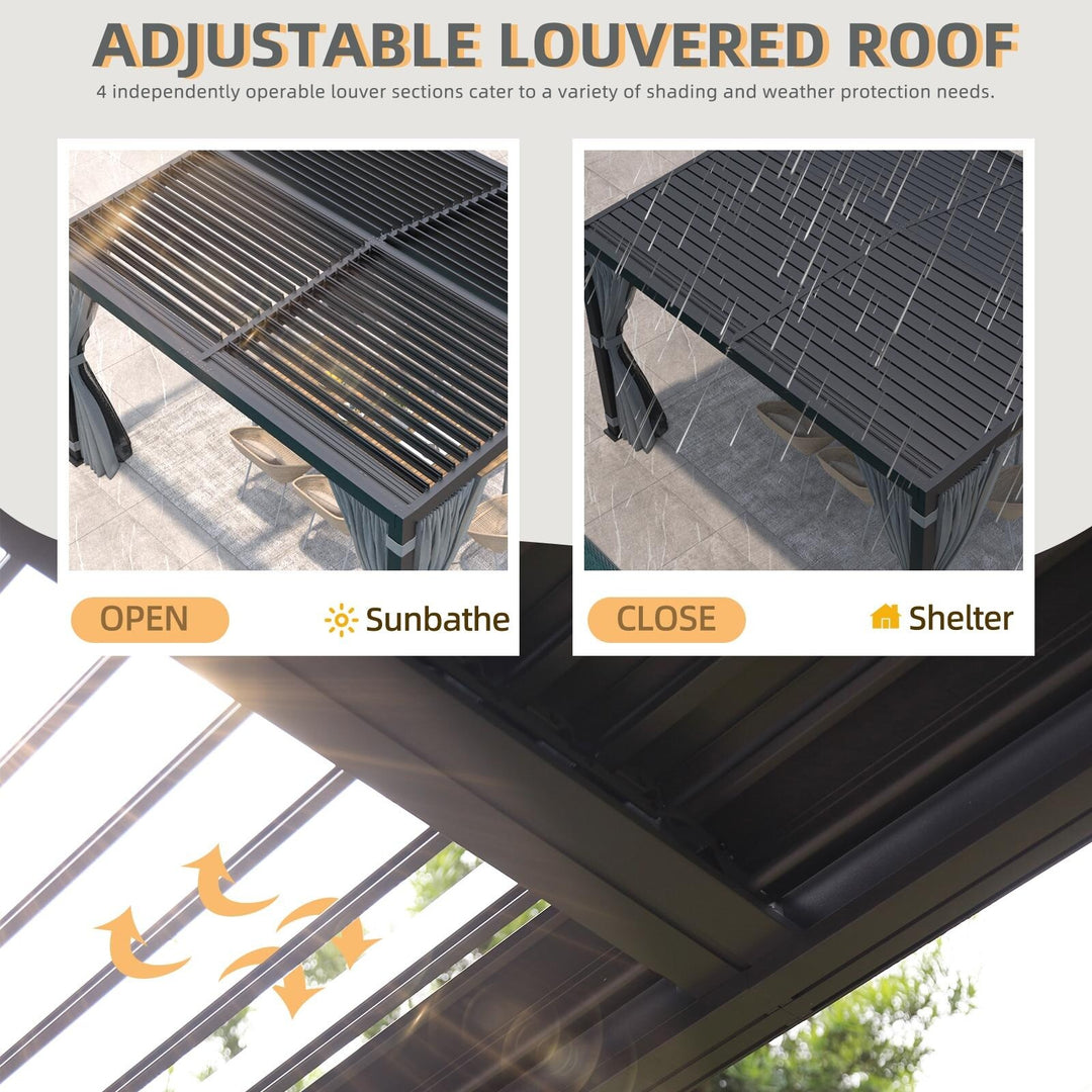 Outdoor Louvered Pergola Gazebo with Adjustable Aluminum Rainproof Roof and Pull-Down Screen