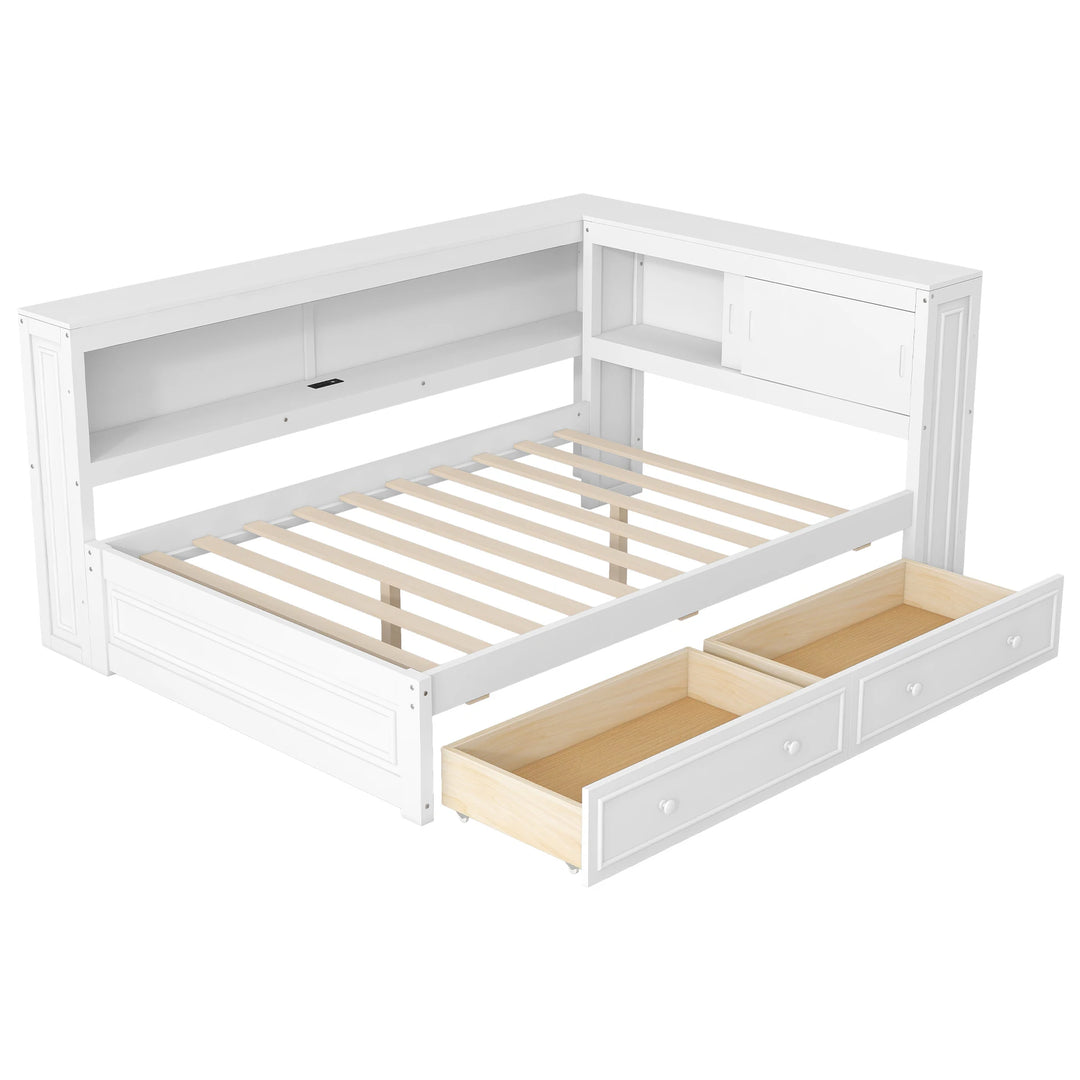 Full Size Wood Daybed with Storage Shelves, USB, LED, and 2 Drawers