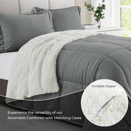 3 Piece Winter Reversible Comforter Set Faux Shearling Ultra Soft Minky Plush and Fuzzy Fleece Microfiber