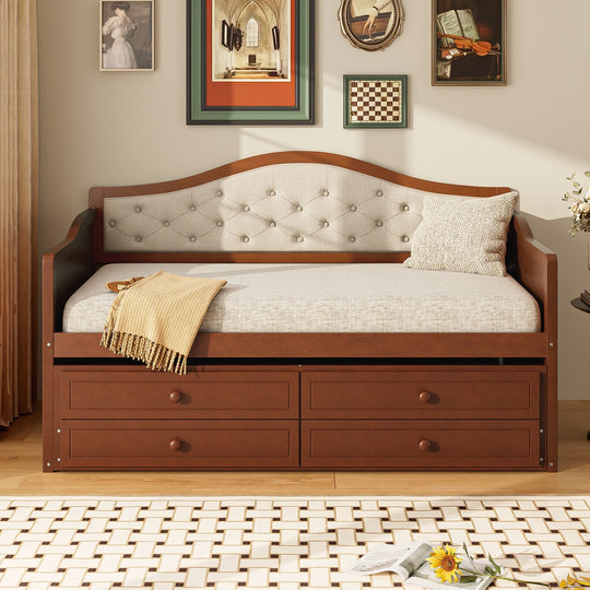 Twin Daybed with Trundle, Twin Size Daybed with 2 Storage Drawers, Wooden Sofa Bed with Upholstered Button Tufted Backrest