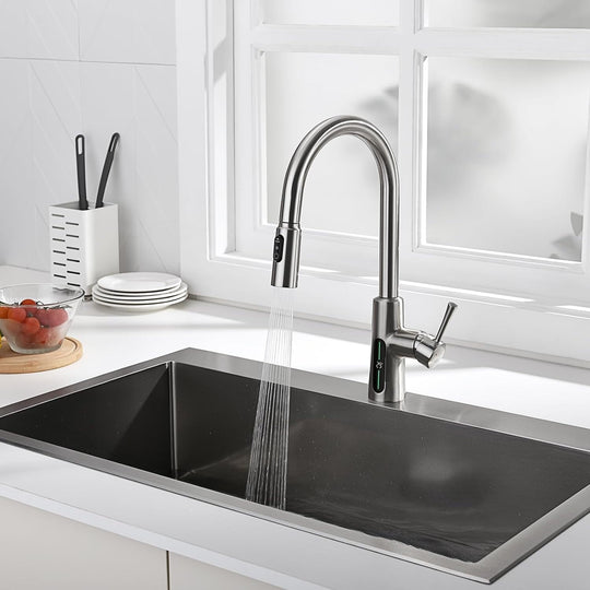 Pull-Down Kitchen Faucet with Temperature Display in Fahrenheit, 3 Water Outlet Modes, Faucet for Kitchen Sink, KF2501