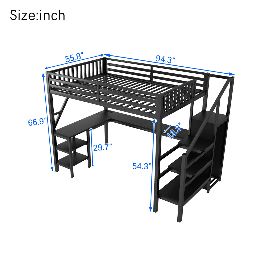 Metal Full Loft Bed with Wardrobe and LED Light, Full Size Loft Bed with L Shaped Desk and USB for Kids Teens Adults