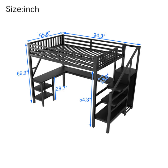 Metal Full Loft Bed with Wardrobe and LED Light, Full Size Loft Bed with L Shaped Desk and USB for Kids Teens Adults