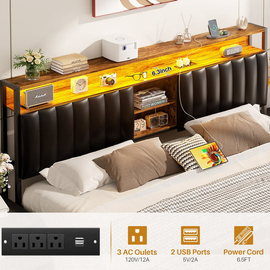 Upholstered Bed Frame with Storage Shelving, Platform Beds with Charge Station and LED Lights