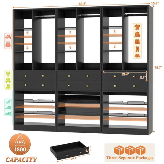 Grimm 28'' Closet Organizer with Shoe Racks and Drawers, Closet System with Hanging Rod and Adjustable Shelves