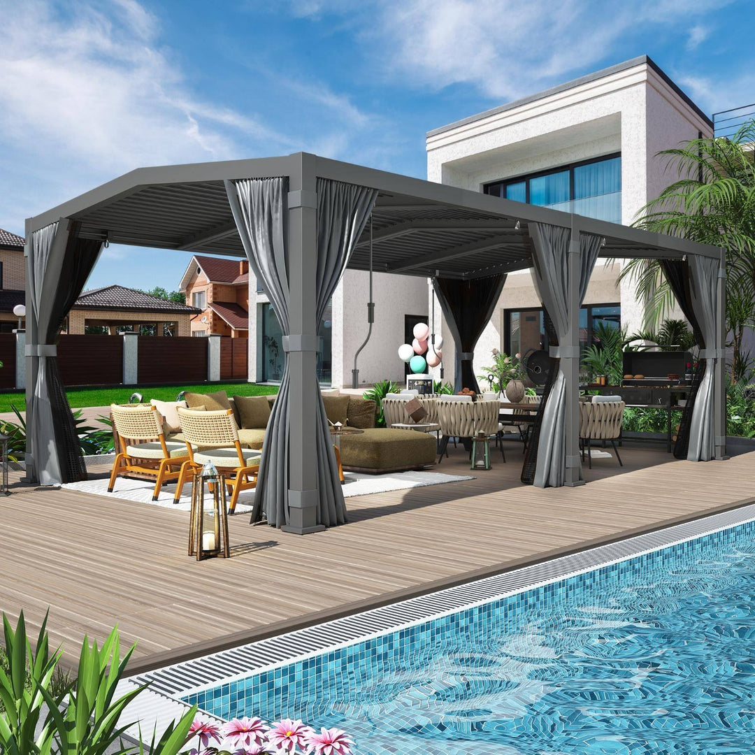 Outdoor Louvered Pergola Gazebo with Adjustable Aluminum Rainproof Roof and Pull-Down Screen