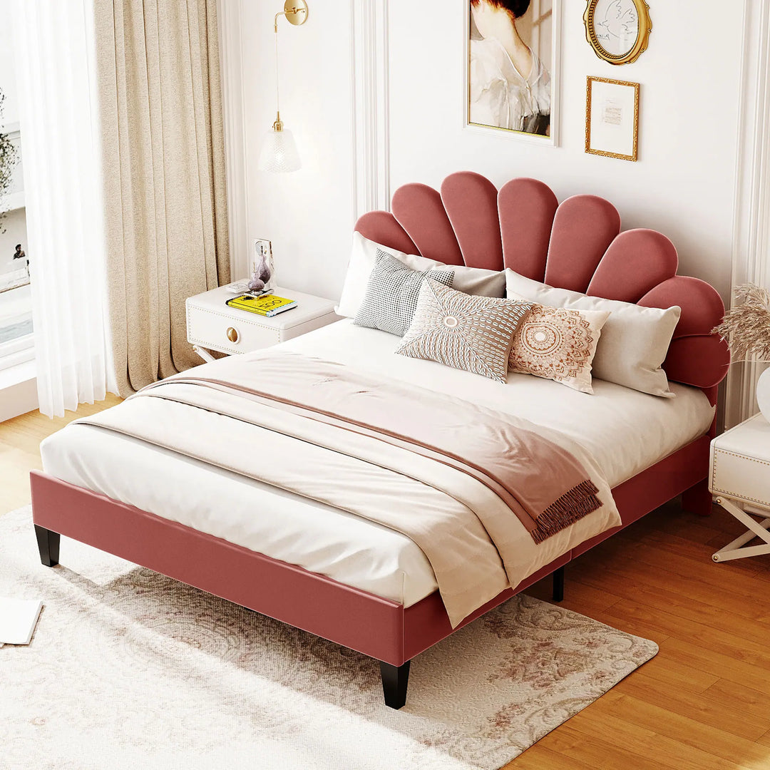 Upholstered Platform Bed with Flower Pattern Velvet Headboard