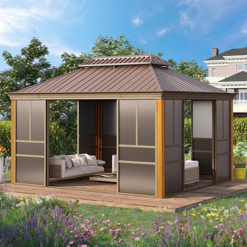 Outdoor Hardtop Sunroom Gazebo with Double Roof & Sliding Doors, All-Season Aluminum Outdoor Pergola, PE Screens&Lockable Design