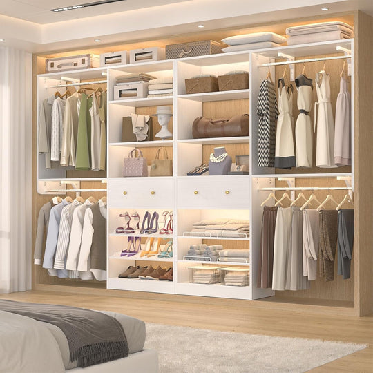 5FT Closet System with 2 Hanging Rods and Wooden Drawer, Walk-In Closet Organizer with 2 Wing Shelve and Adjustable Rack Shelves