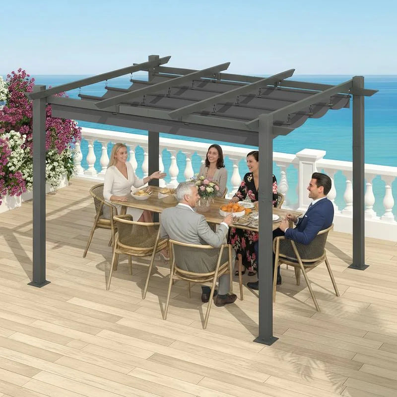 10' X 13' Outdoor Pergola with Retractable Canopy, Heavy-Duty Metal Frame and Adjustable Patio Shade Roof