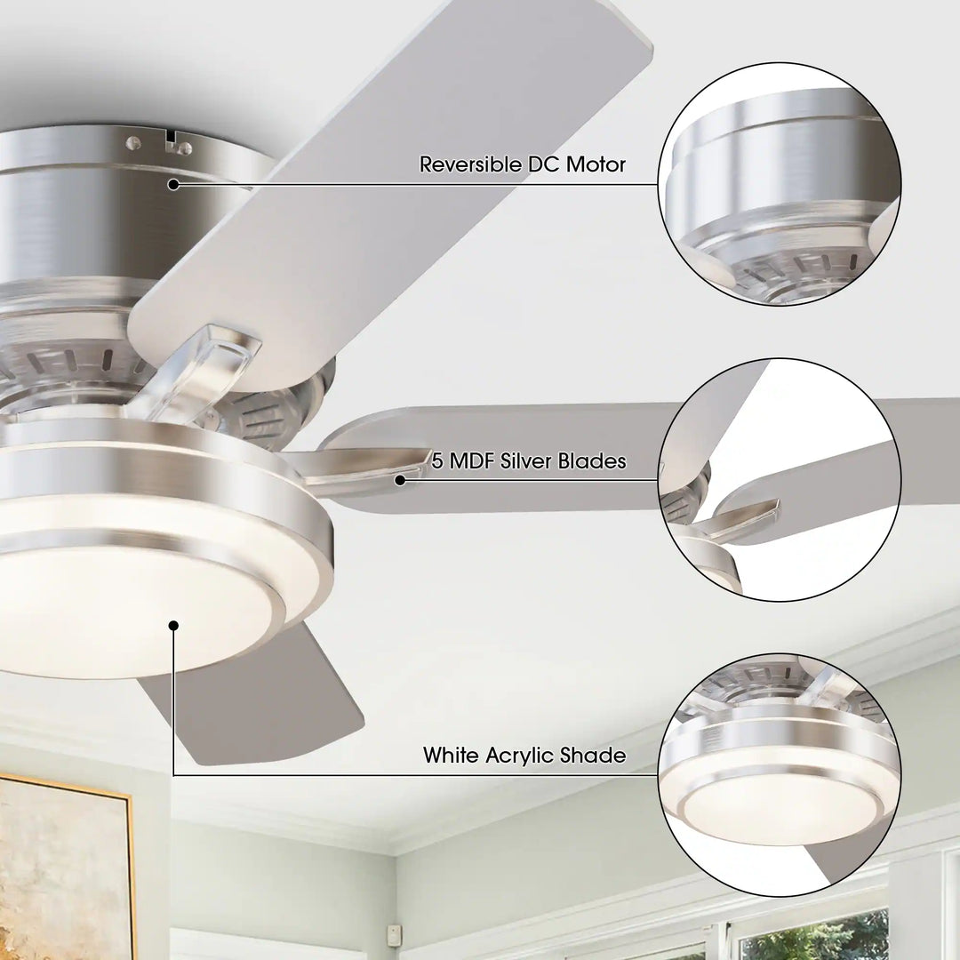 Vaczon 52" Brushed Nickel 5-Blade Modern Flush Mount Smart Ceiling Fan with Light and App