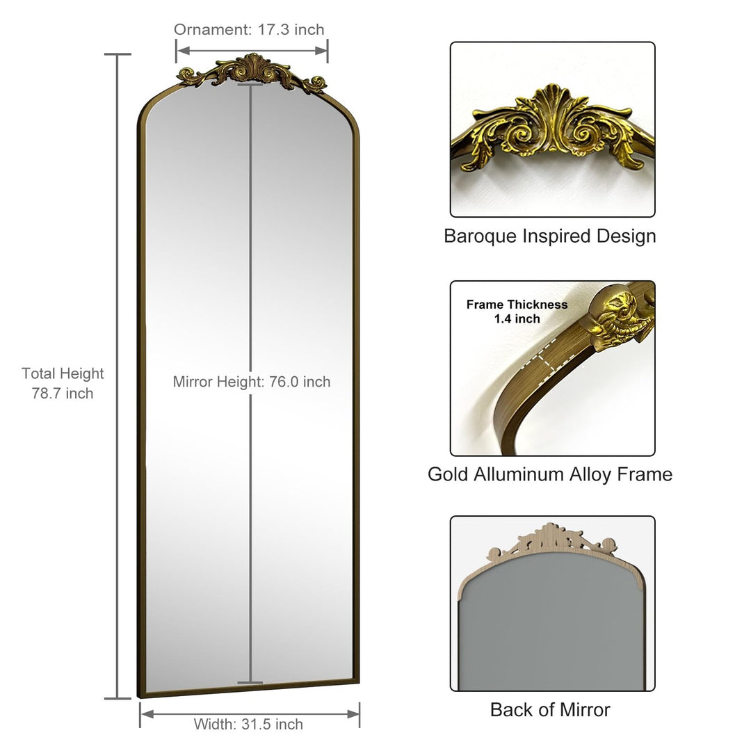 Arched Vintage Wall Mirror and Metal Frame Baroque Style Bathroom Vanity Mirror