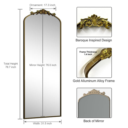 Arched Vintage Wall Mirror and Metal Frame Baroque Style Bathroom Vanity Mirror