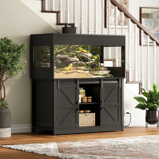 Reptile Terrarium with Stand, Reptile Tank with Barn Door and Storage, Vivarium with Acrylic Doors, Ventilated Mesh Top & Power Outlet, for Geckos, Lizards, Snakes Px06Rtb