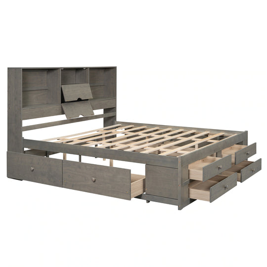 King Size Platform Bed with Storage Headboard and 8 Drawers