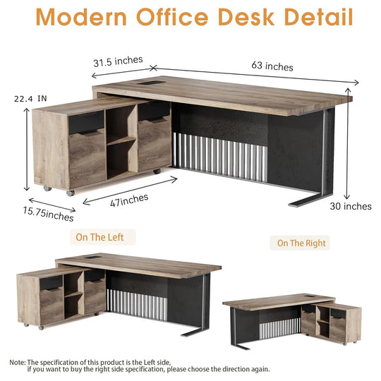 WESOME L-Shaped Executive Office Desk with 2 Drawers 4 Wheels File Cabinets Cable Management