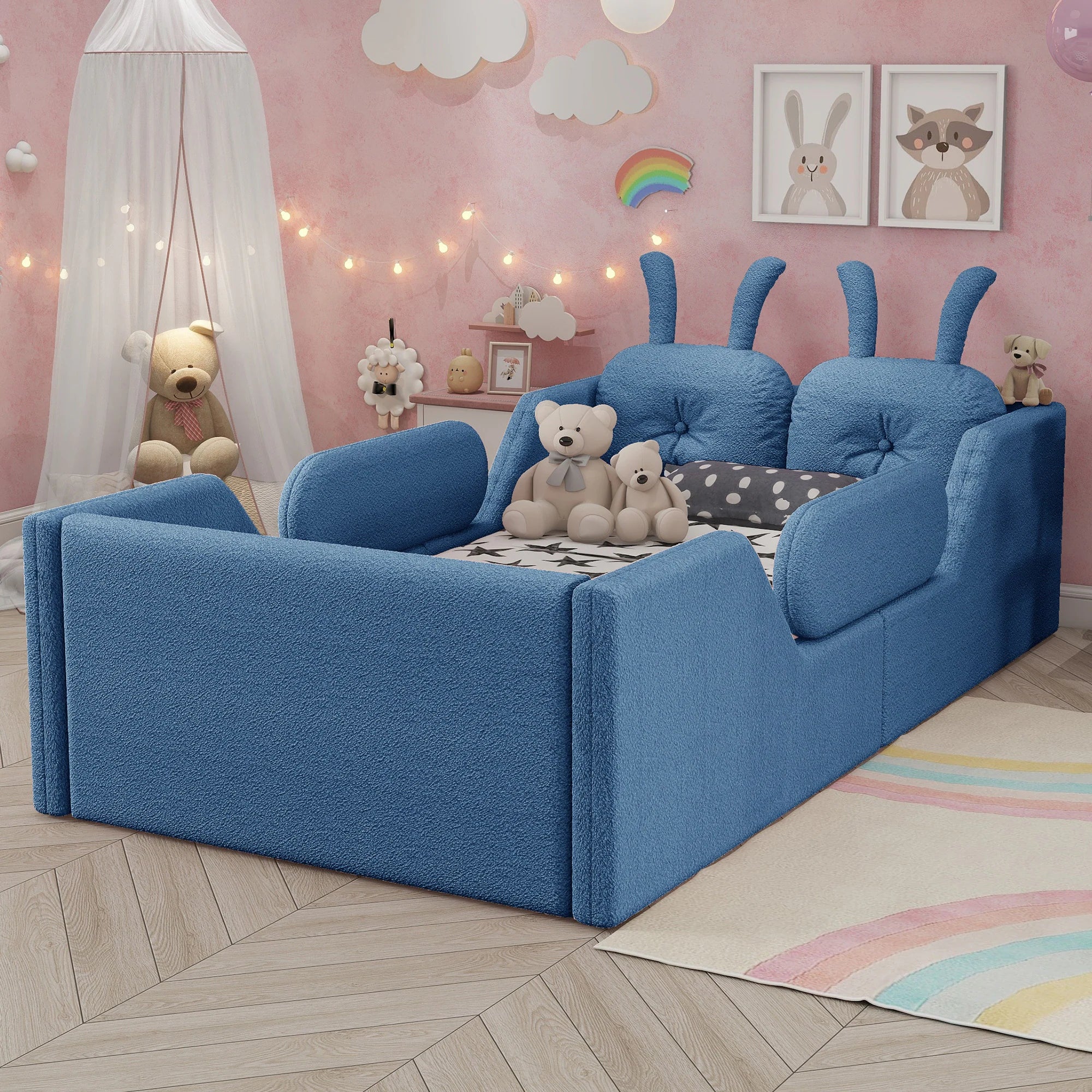 Twin Size Upholstered Platform Bed with Rabbit Cushion, Floor Upholstered Bed with Removable Side Rails