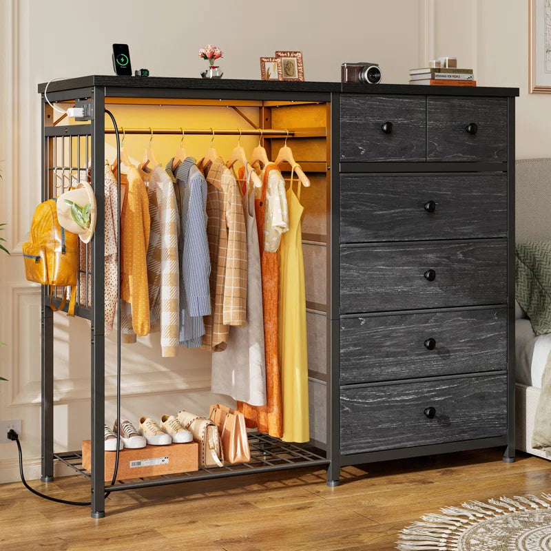 Dresser for Bedroom with Clothes Rack, 6 Drawer Dresser with Shoe Rack, Charging Station & Led Lights