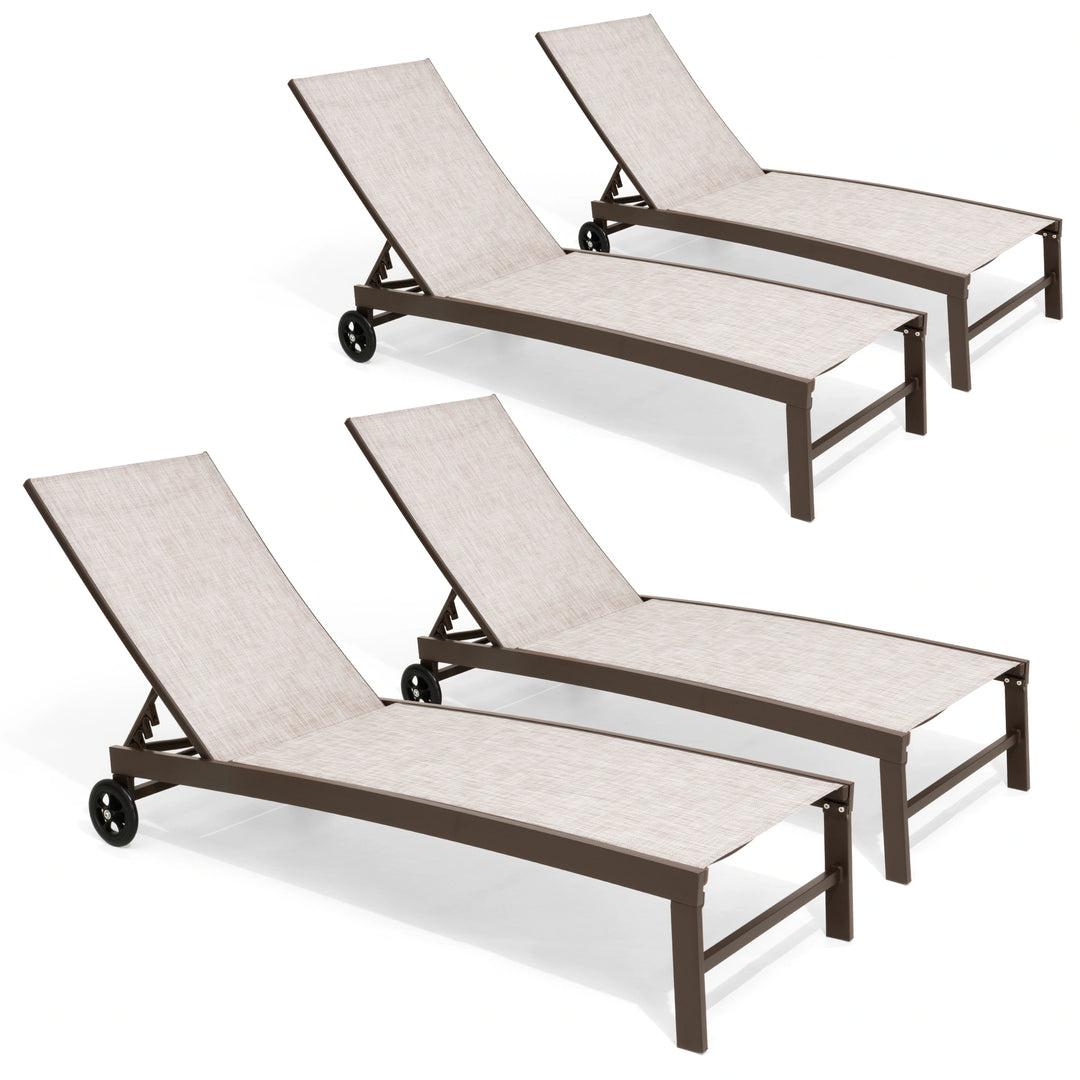 Outdoor Patio Aluminum Adjustable Chaise Lounge Chairs with Wheels