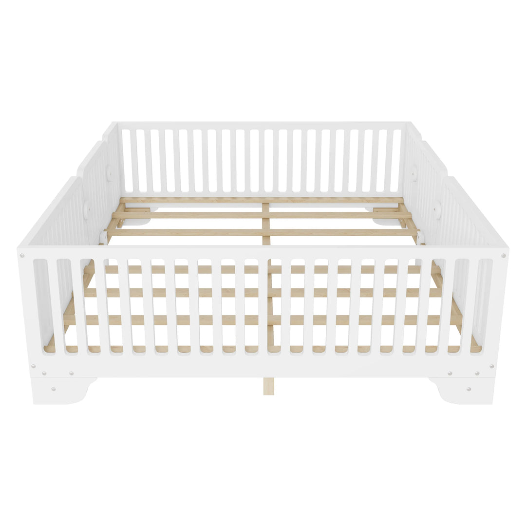 Full Size Montessori Floor Bed Frame with Safety Rails and Removable Door, Low Profile Kids Bed with Slatted Support