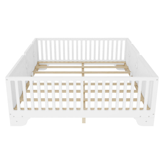 Full Size Montessori Floor Bed Frame with Safety Rails and Removable Door, Low Profile Kids Bed with Slatted Support