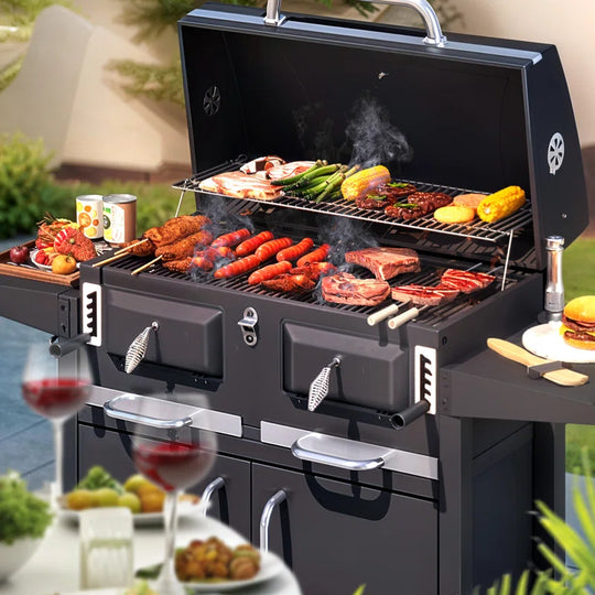 37.8" Dual Zone Charcoal Bbq Grill with Adjustable Charcoal Trays and 2 Foldable Side Table