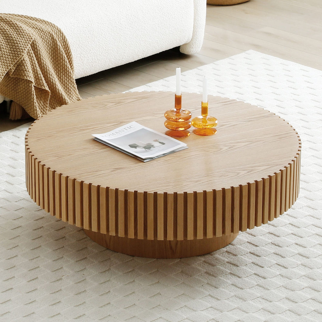 Modern Natural Black round Coffee Table with Sturdy Pedestal No Assembled