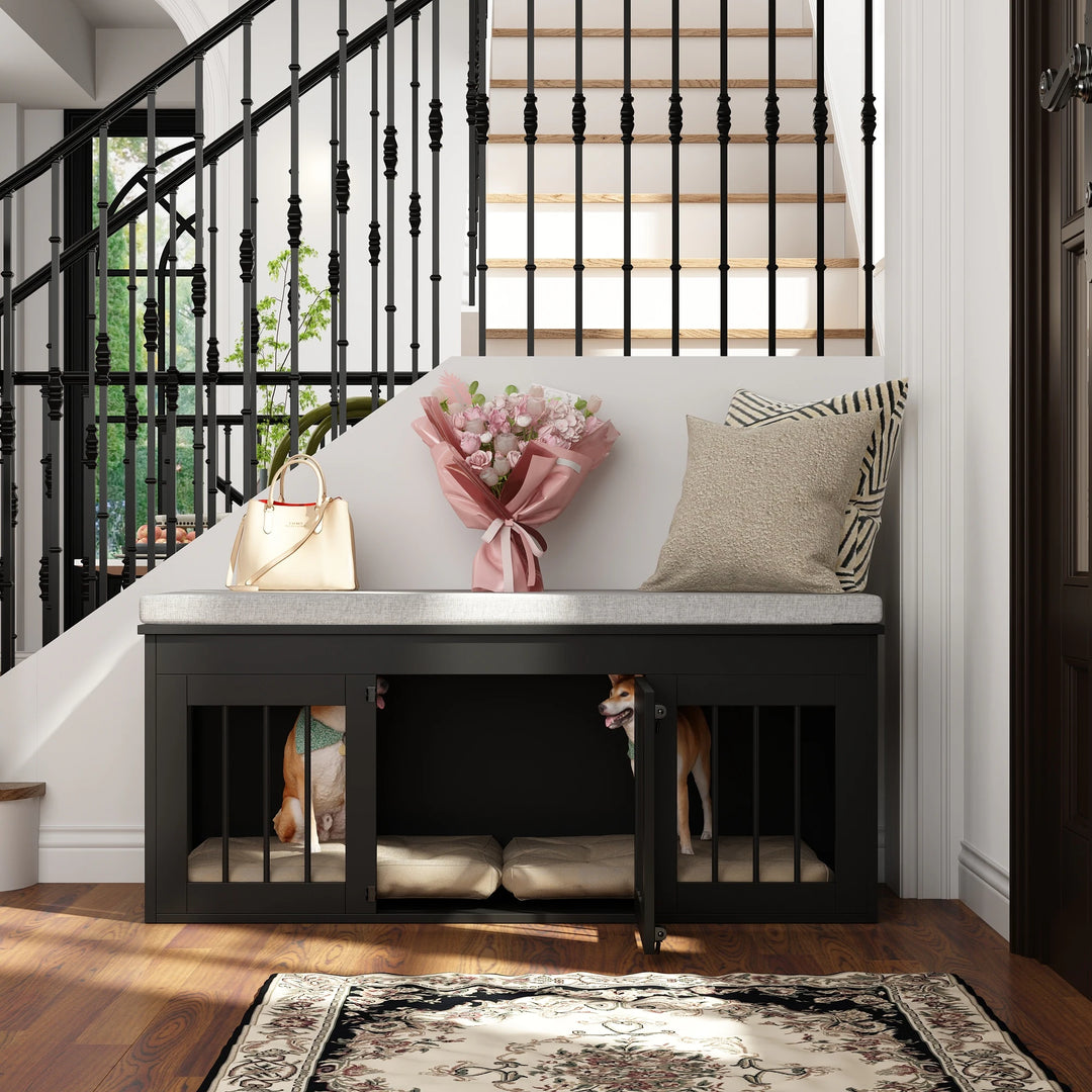 Chic Pet Haven: Luxe Wooden Dog Crate & Designer Home Bench - 47.2"