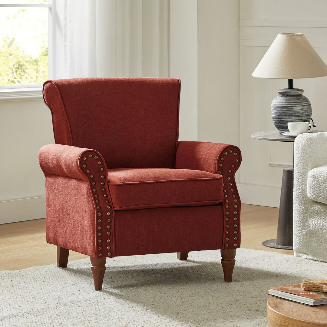 Nyctelius Upholstered Comfy Accent Chair with Turned Wooden Legs and Nailhead Trim Set of 2 by