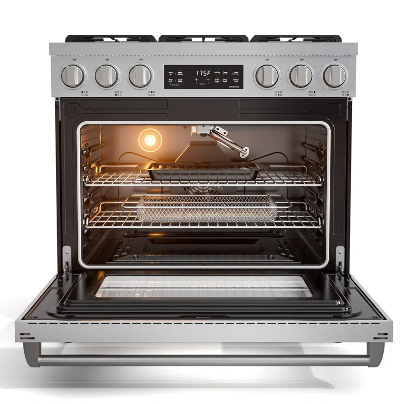 36-Inch Slide-In Gas Range with Air Fry, Convection Bake, Broil & Keep Warm Modes, 2 Oven Racks, Air Fry Tray, Anti-Tip Bracket, Steam Clean, LP Convertible, 6 Burner with Dual Ring 22K BTU