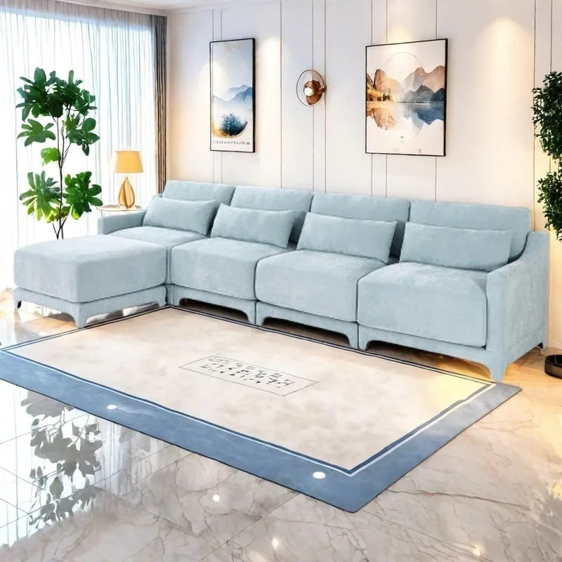 Modern Chenille 4-Seater Sofa with 2 Ottoman, Lumbar Cushions, Ergonomic Backrest, High-Resilience Spongeand Tufted Armrests