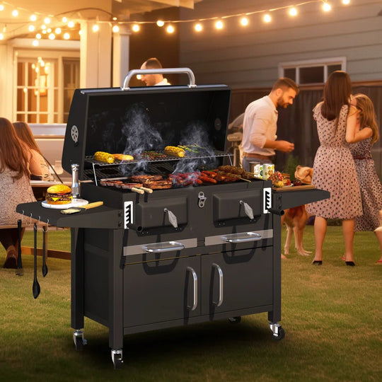 37.8" Dual Zone Charcoal Bbq Grill with Adjustable Charcoal Trays and 2 Foldable Side Table