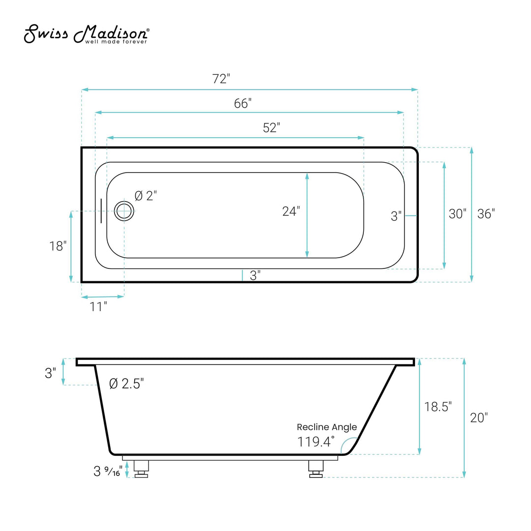 Voltaire 72 X 36 Reversible Drain Soaking Drop-In Bathtub in Glossy White with Integrated Overflow, Drain Included