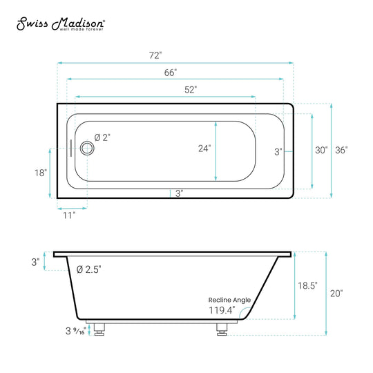 Voltaire 72 X 36 Reversible Drain Soaking Drop-In Bathtub in Glossy White with Integrated Overflow, Drain Included