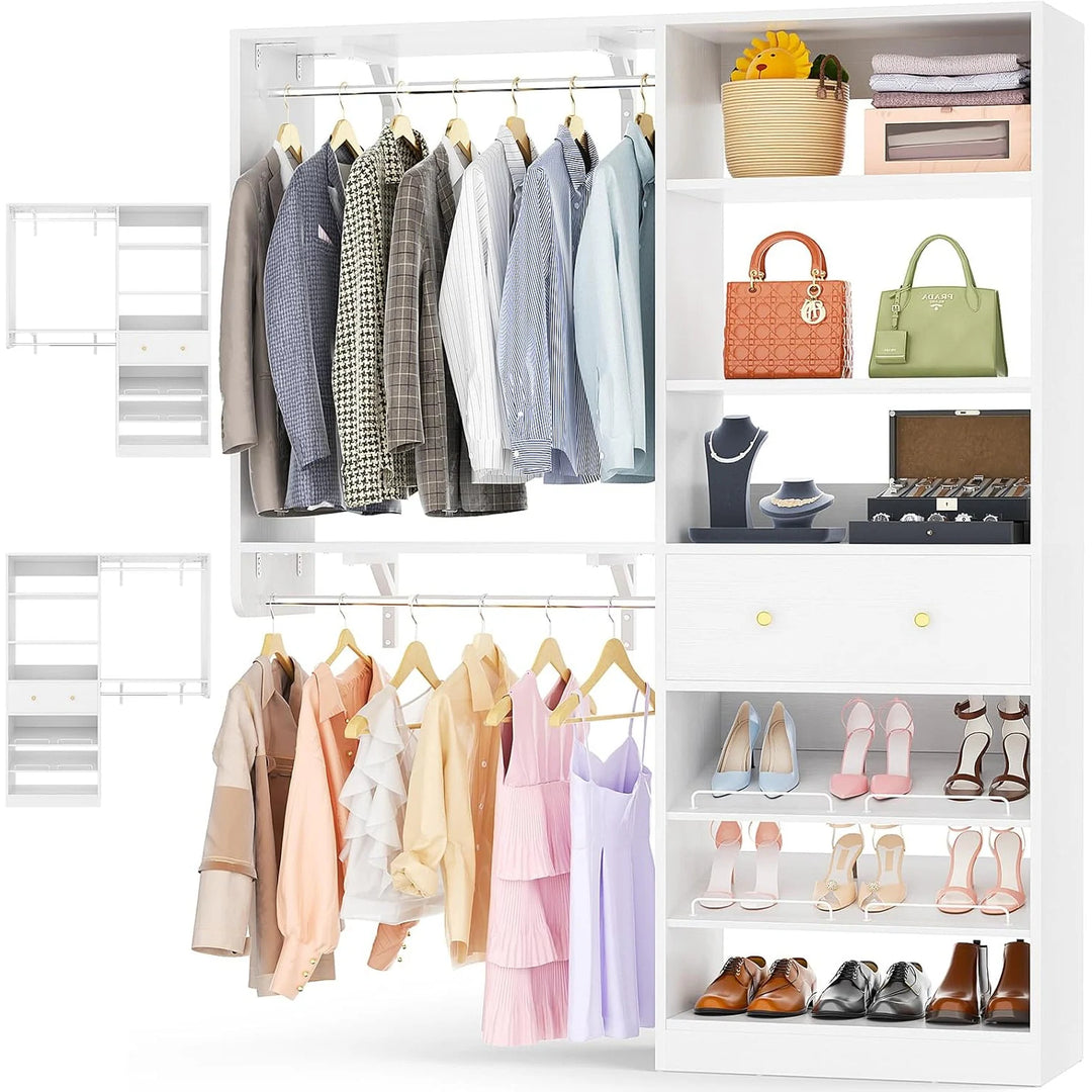 5FT Closet System with 2 Hanging Rods and Wooden Drawer, Walk-In Closet Organizer with 2 Wing Shelve and Adjustable Rack Shelves