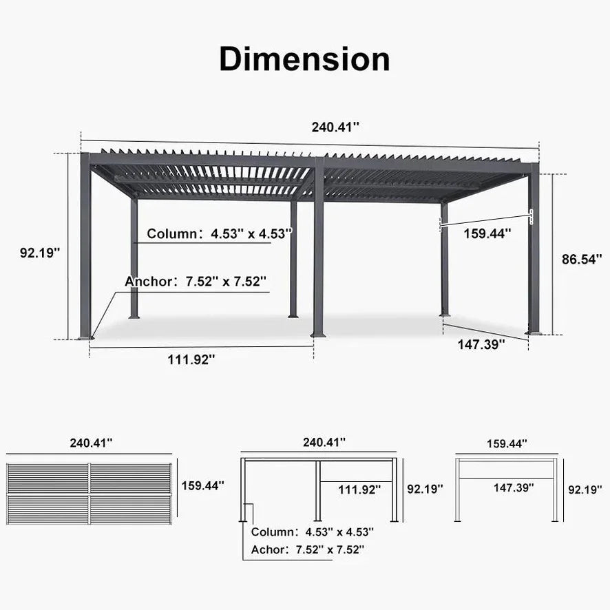 Solar Louvered Pergola with LED String Lights Aluminum Outdoor Pergola with Adjustable Roof for Patio Garden
