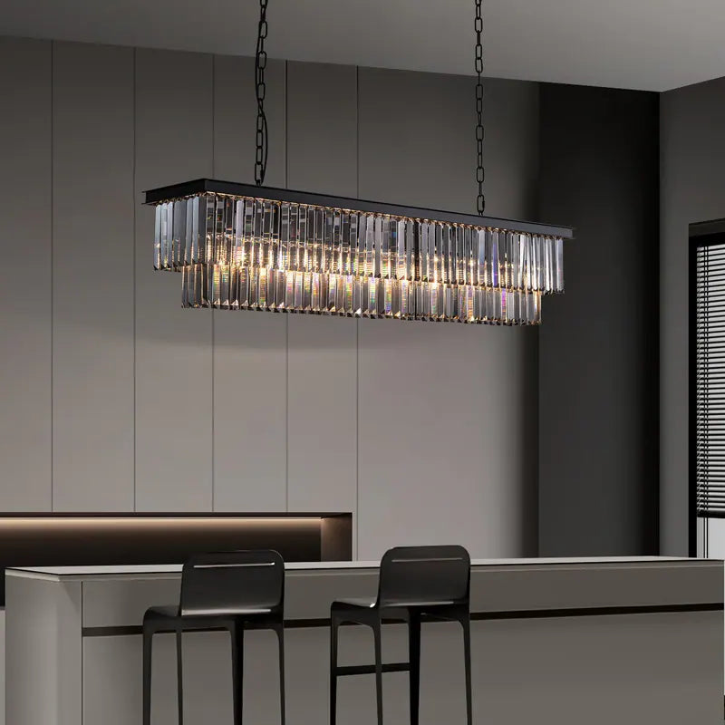 47 In. Smoked Gray and Black Modern Contemporary Crystal Chandelier 2-Tier Linear Kitchen Island Pendant Light for Dining Room