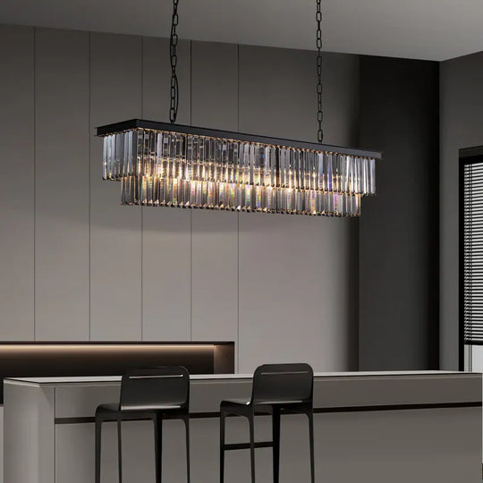 47 In. Smoked Gray and Black Modern Contemporary Crystal Chandelier 2-Tier Linear Kitchen Island Pendant Light for Dining Room