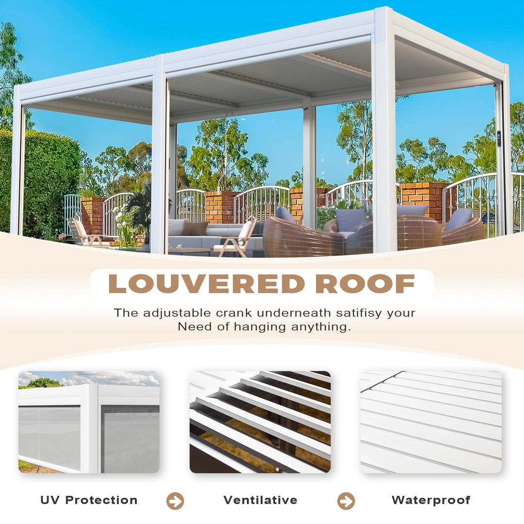 Outdoor Louvered Pergola Gazebo with Adjustable Aluminum Rainproof Roof and Pull-Down Screen