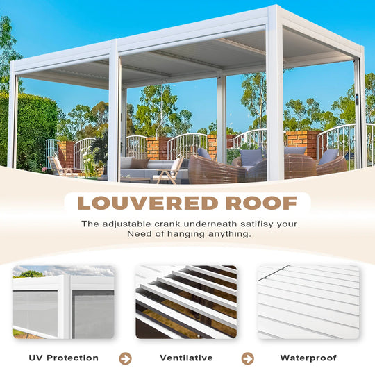 Outdoor Louvered Pergola Gazebo with Adjustable Aluminum Rainproof Roof and Pull-Down Screen