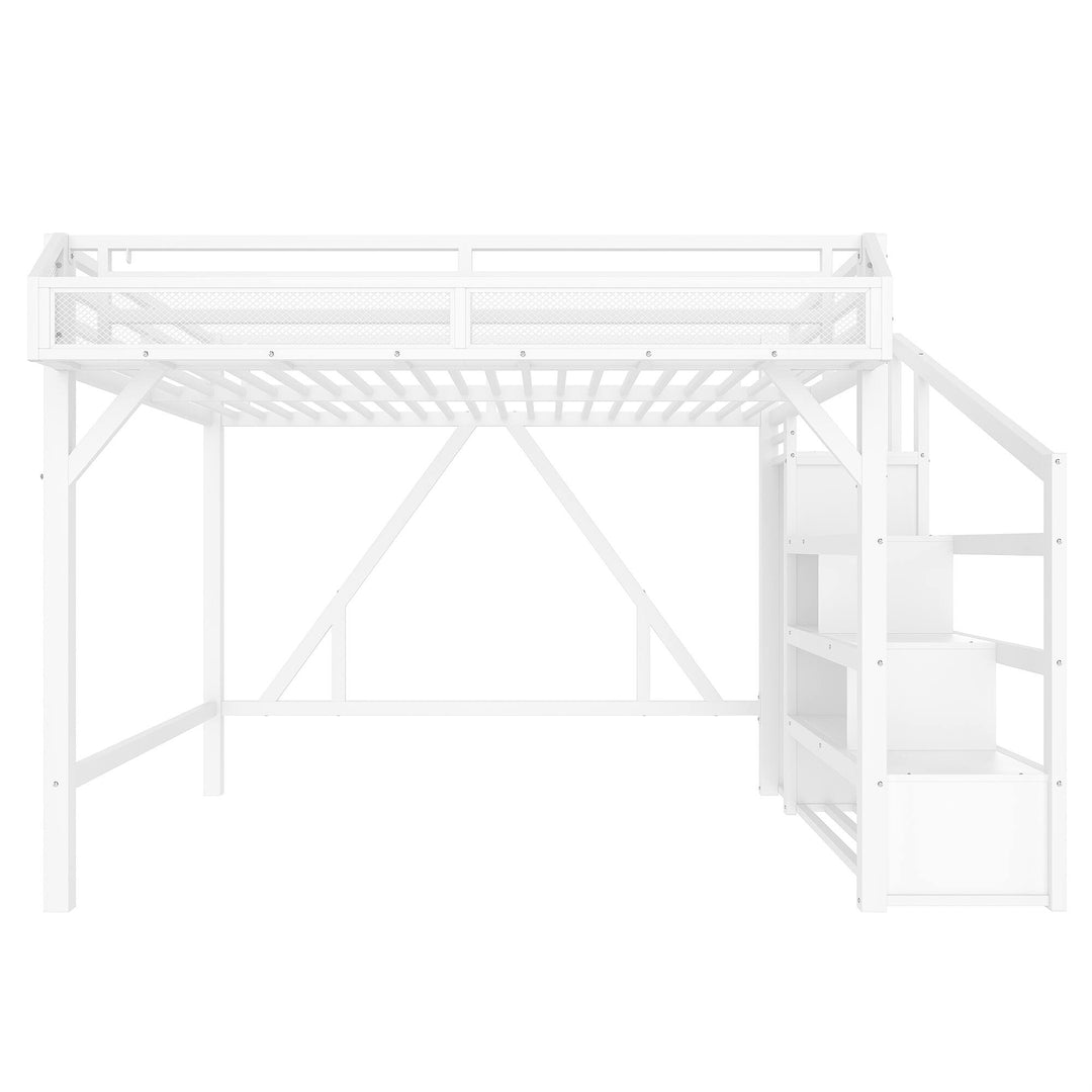 Queen Loft Bed with Storage Stairs, Shelves and Built-In Wardrobe, with USB Ports and LED Lights, Noise-Reduced Design