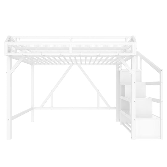 Queen Loft Bed with Storage Stairs, Shelves and Built-In Wardrobe, with USB Ports and LED Lights, Noise-Reduced Design