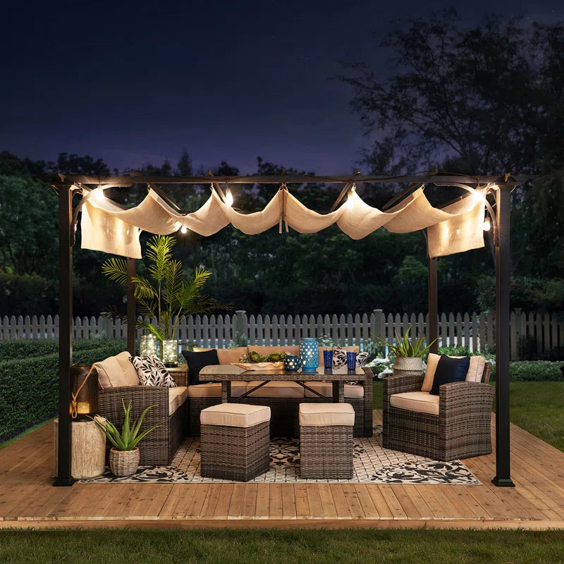 Naples Outdoor Pergola 9 X 12 Ft. Patio Black Steel Frame Pergola with Retractable Beige Canopy Shade for Backyard
