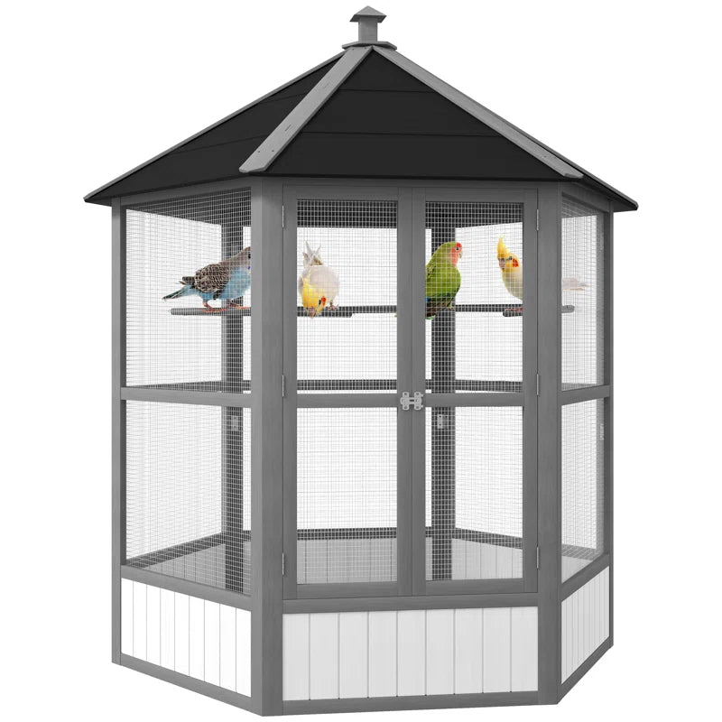 Large Wooden Hexagonal Outdoor Aviary Flight Bird Cage with Covered Roof, Light Gray