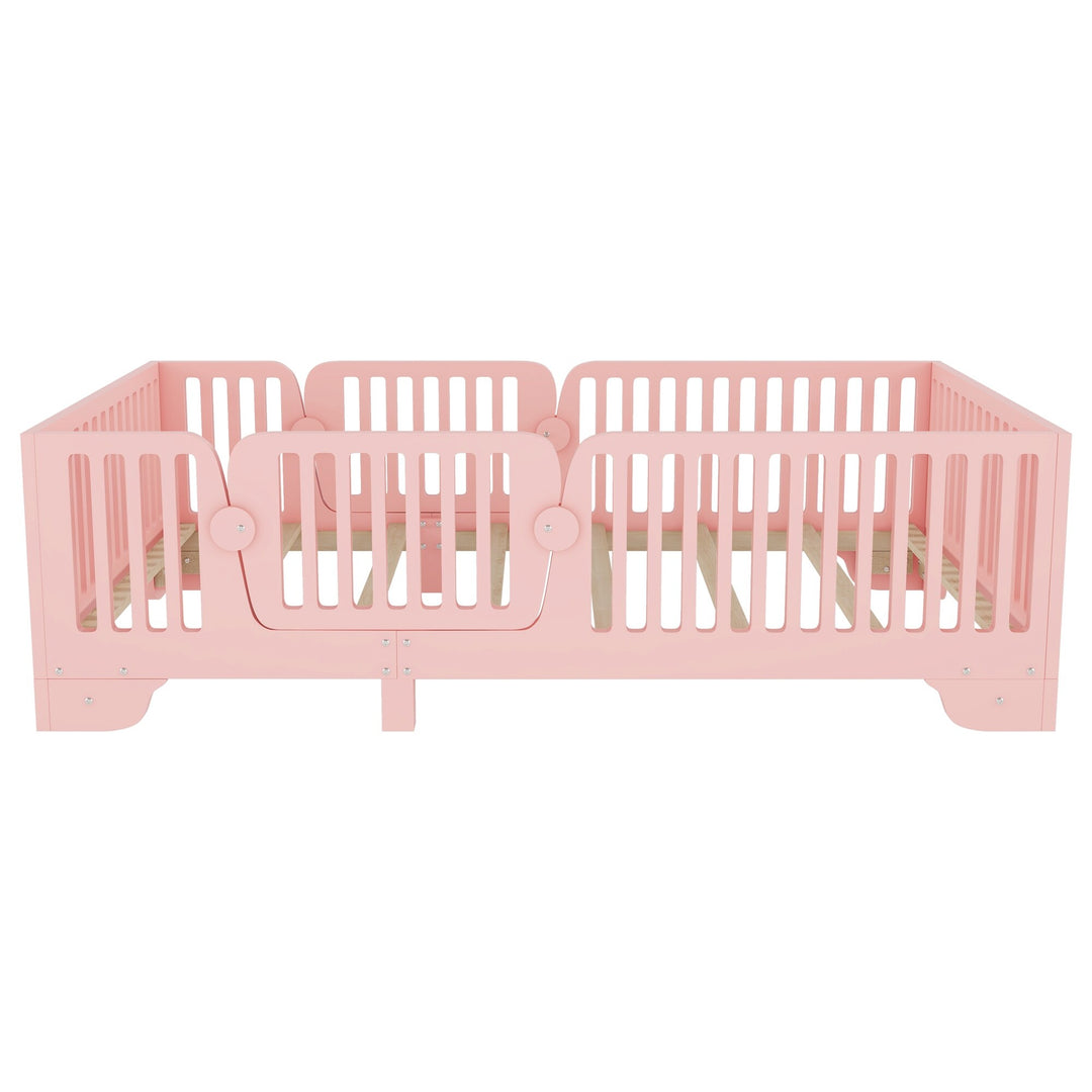 Full Size Montessori Floor Bed Frame with Safety Rails and Removable Door, Low Profile Kids Bed with Slatted Support