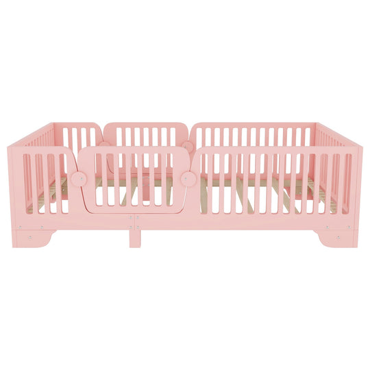 Full Size Montessori Floor Bed Frame with Safety Rails and Removable Door, Low Profile Kids Bed with Slatted Support
