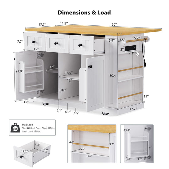 Large Kitchen Island with Drop Leaf,Power Outlet,Door Internal Storage Rack,3 Drawers(Not Include Bar Stools)