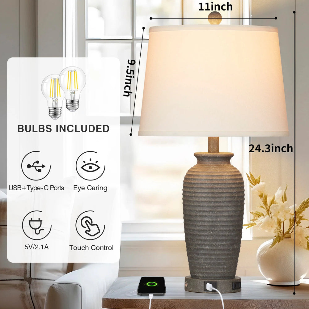 Set of 2 Bedside Resin Table Lamps with 3-Way Touch Control and Dual USB Ports